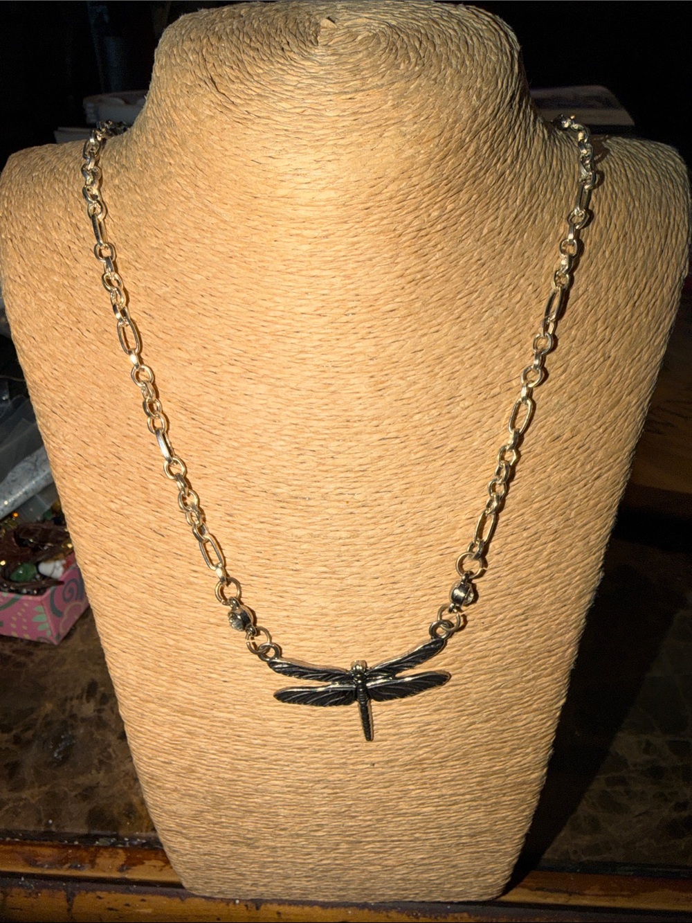 Silver-Tone Link Necklace with Dragon fly Pendant - wear long or short or double